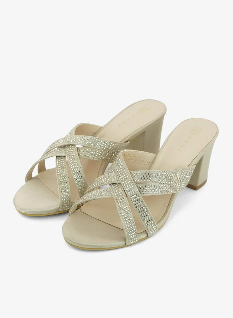 ZAYNA 221-296 Zayna Ladies Classic High block heel Slides 2G5957-711 Beige