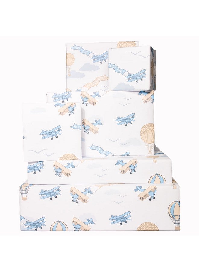 Central 23 Airplanes Wrapping Paper For Boys 6 Sheets Of Retro Gift Wrap For Him Hot Air Balloons Pastel Blue Planes Birthday For Children Made In The Uk - Image 1