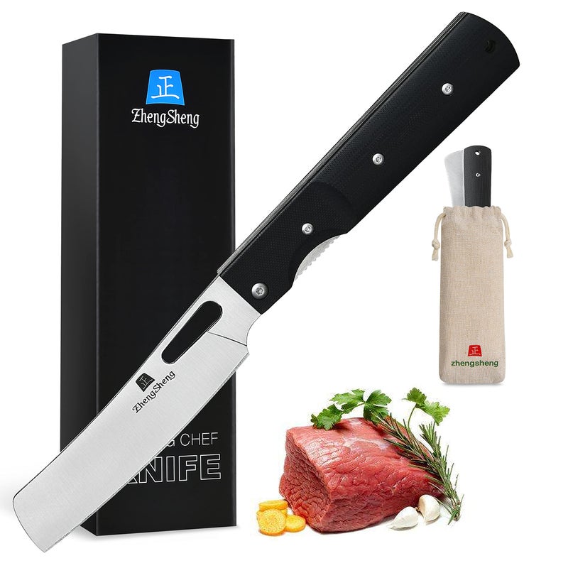 ZhengSheng Folding Chef Knife 48 Sharp 440A Stainless Steel Blade G10 Handle Pocket Foldable Kitchen Knife Utility Knife for Outdoor Camping Cooking
