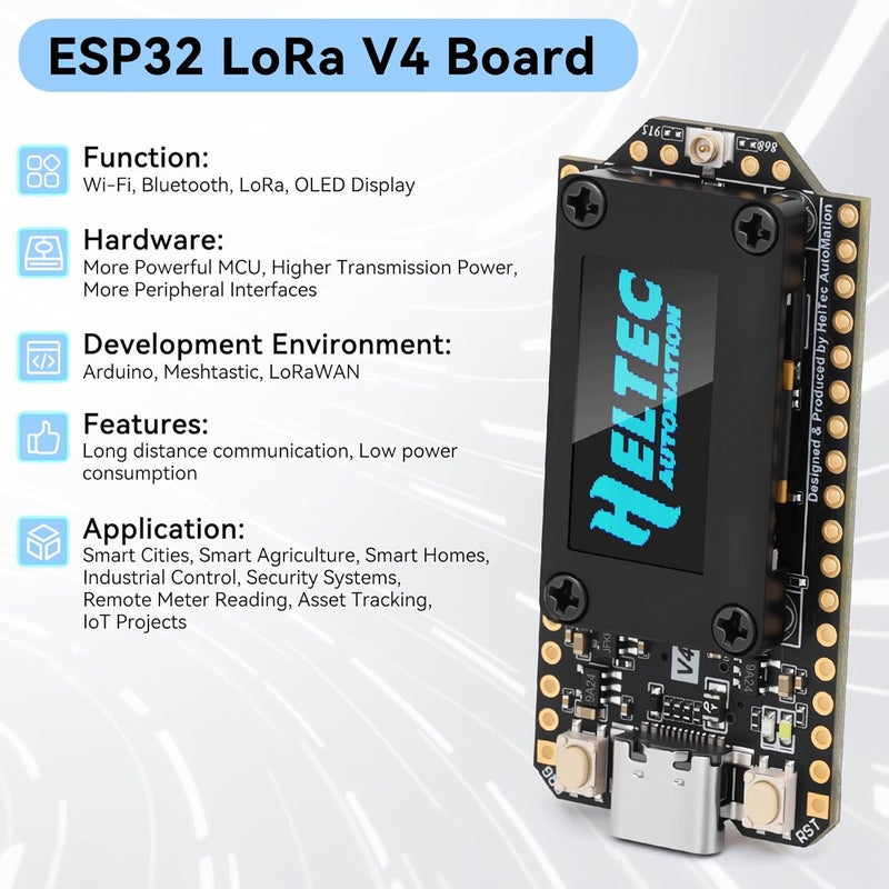 لوحة تطوير ESP32 LoRa V4 محسنة، تحتوي على وحدة LoRa ESP32-S3، دعم للواي فاي والبلوتوث، ذاكرة PSRAM سعة 2 ميجابايت وذاكرة فلاش سعة 16 ميجابايت، هوائي بتردد 863-928 ميغاهرتز، شاشة OLED، تدعم نظام GPS والطاقة الشمسية، مناسبة لأجهزة Arduino وMeshtastic وتقنية LoRaWAN في مجال إنترنت الأشياء (IoT). - Image 2