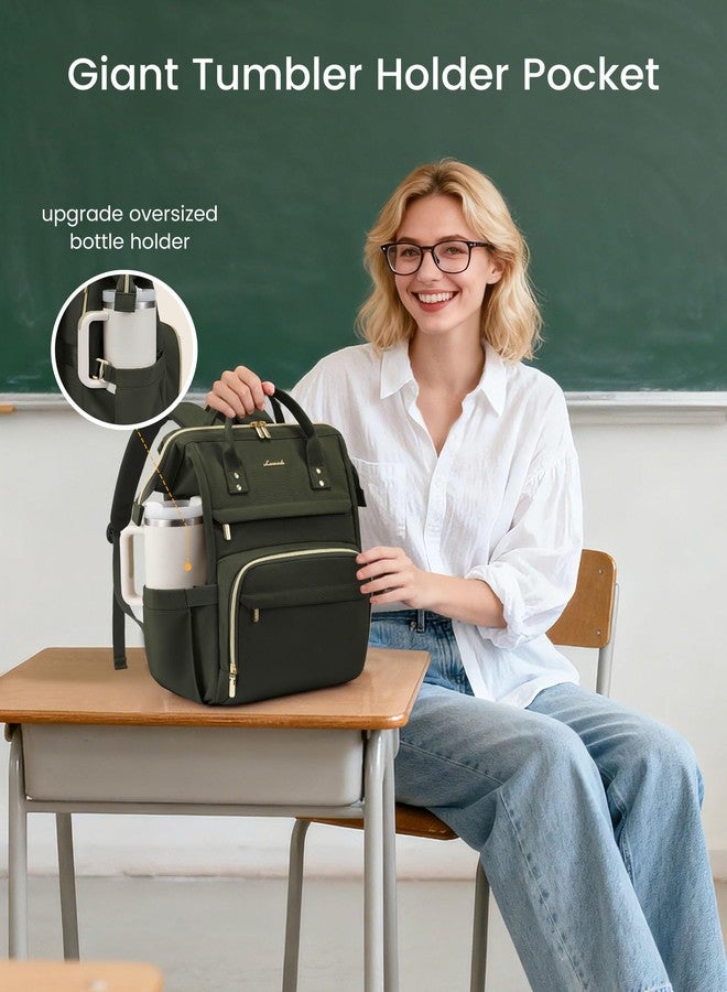 LOVEVOOK Laptop Backpack for Women with Giant Tumbler Holder Pocket,15.6 inch Waterproof Travel Backpack Purse Computer Laptop Bag,Professional Work College Nurse Teacher Backpack Daypack,Olive Green - Image 2