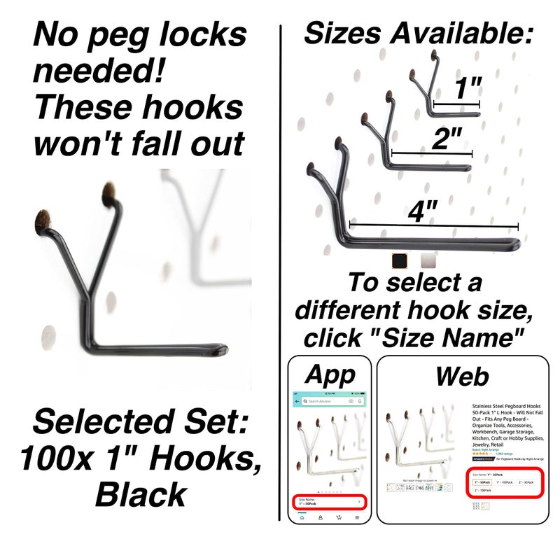 Right Arrange Steel Pegboard Hooks 100-Pack 1" L Hook, Black - Will Not Fall Out, Fits Any Peg Board - Organize Tools, Accessories, Workbench, Garage Storage, Kitchen, Crafts, Jewelry, Retail - Image 2