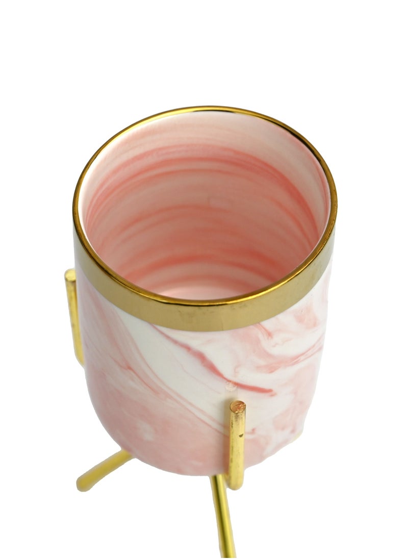 Generic - Ceramic Pink Beautiful Print Candle Holder with Metal Stand, Round Small Candle Stand for Home & Office, Beautiful Decorative for Living Rooms, Dining Table, Halls, Cafe - Image 1