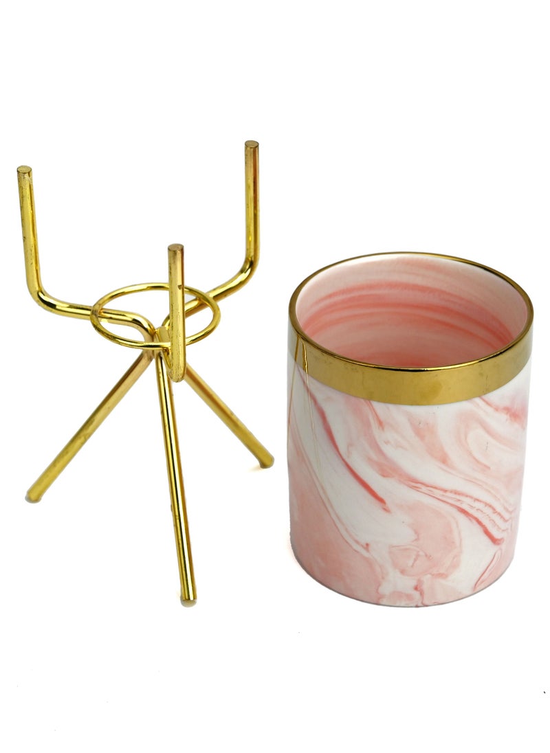 Generic - Ceramic Pink Beautiful Print Candle Holder with Metal Stand, Round Small Candle Stand for Home & Office, Beautiful Decorative for Living Rooms, Dining Table, Halls, Cafe - Image 1