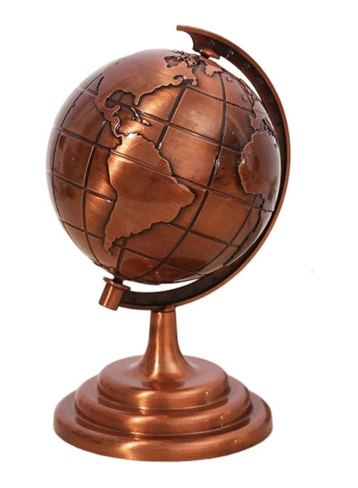 مجسم ديكور- مجسم مصغر للارض - مجسم كرة ارضية لديكور المكتب - مجسم الكرة الأرضية الدوارة الحديدية العتيقة: تحفة مكتبية صغيرة، صُنعت من المعدن بحرفية اللون برونزي  - Image 1