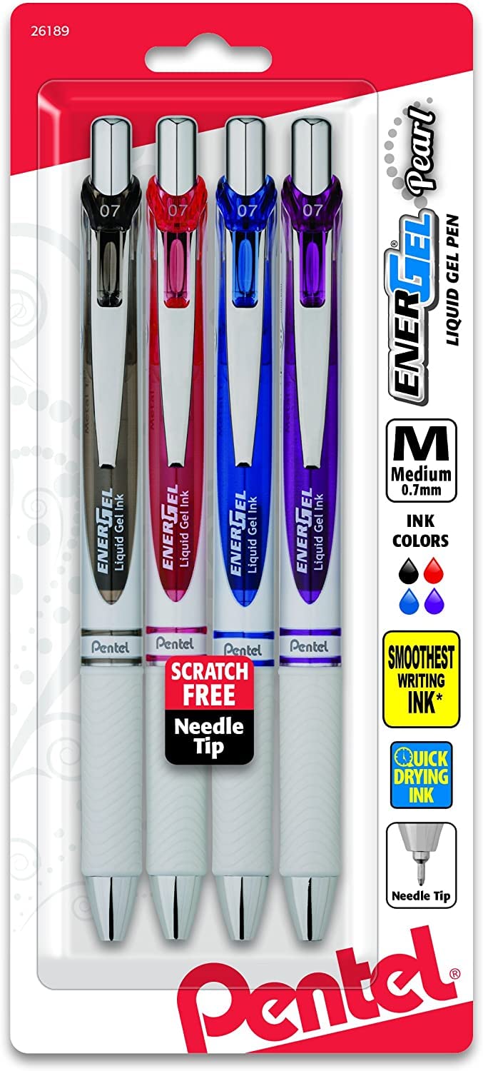 Pentel قلم جل سائل قابل للسحب من بنتل إينرجل لؤلؤي RTX، (0.7 مم)، خط متوسط، طرف إبرة، ألوان حبر متنوعة، عبوة من 4 (BLN77WBP4M) - Image 1