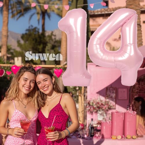 SUWEN بالونات رقم 14 كبيرة من SUWEN بحجم 40 بوصة باللون الوردي بالونات فويل هليوم رقمية 09 للاحتفال بعيد الميلاد الرابع عشر للنساء والفتيات ولوازم حفلات الذكرى 41 - Image 5