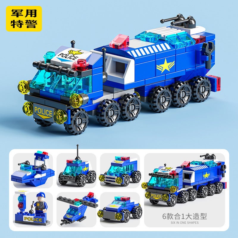 Wholesale Compatible Lego Bricks Men's Puzzle Assembled Car Toys for Kids - Small Particle Deformation Police Fire Truck - Image 1