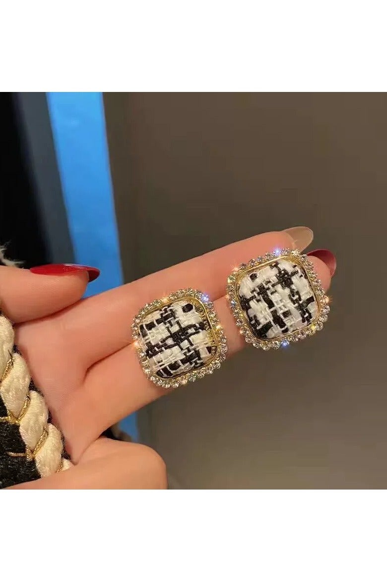 Goolsky New Retro Fabric Stud Earrings for Women | Plaid Design with Rhinestones | Korean Sweet Style | S925 Silver Post Jewelry  - Image 3