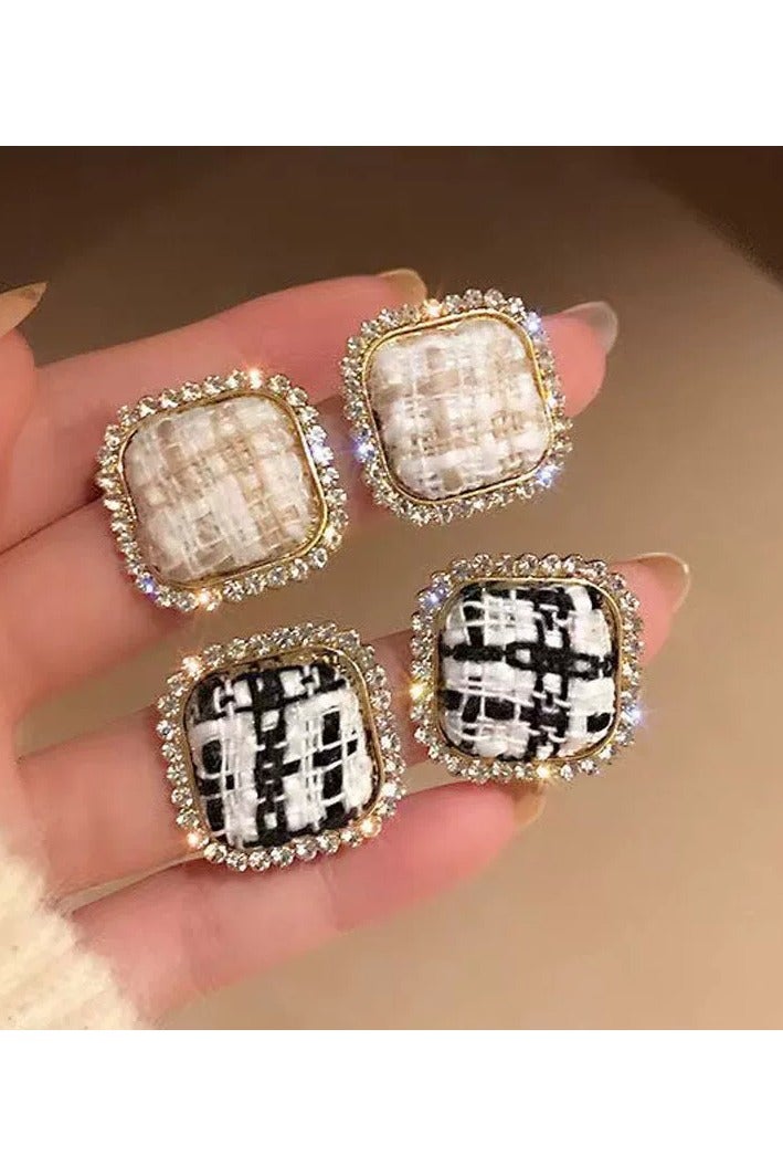 Goolsky New Retro Fabric Stud Earrings for Women | Plaid Design with Rhinestones | Korean Sweet Style | S925 Silver Post Jewelry  - Image 4