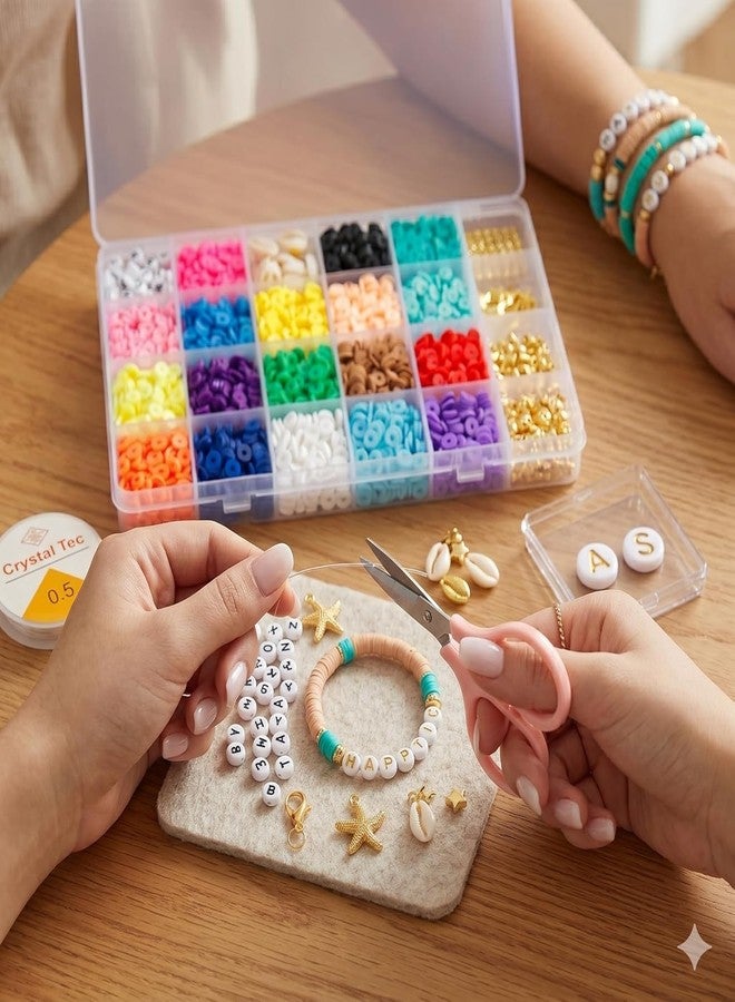 Guellix Polymer Clay Beads Kit for Bracelet Making | 24 Colors Flat Round Heishi Beads with Letter Beads | Charms Shells and Elastic String | DIY Jewelry Making Craft Kit for Girls Teens Adults - Image 4