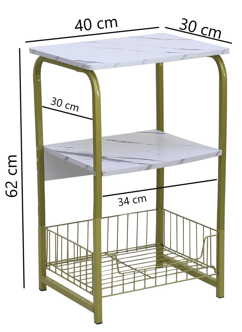 AFT - Modern design End Table Side Table 3 Tiers White Marble particular board top Nightstand Industrial Retro Storage Shelf for Living Room Bedroom Kitchen Family and Office, Stable Wood and Metal Frame. (White) Arfan - Image 1