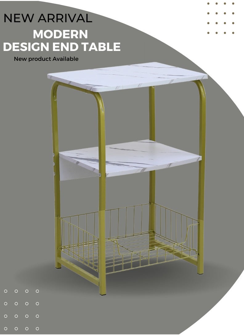 AFT - Modern design End Table Side Table 3 Tiers White Marble particular board top Nightstand Industrial Retro Storage Shelf for Living Room Bedroom Kitchen Family and Office, Stable Wood and Metal Frame. (White) Arfan - Image 1