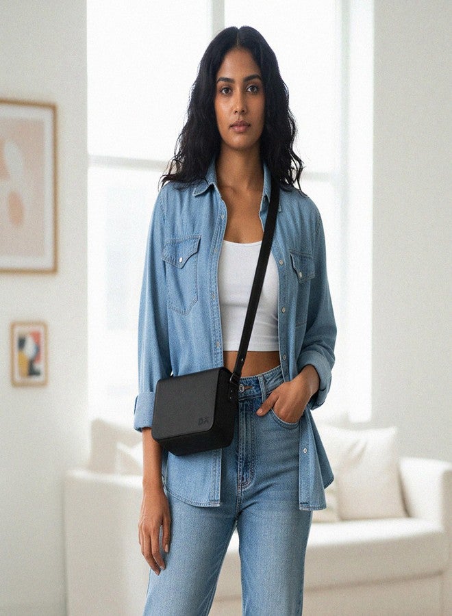 دايلي أوبجيكتز حقيبة كتف سوداء من DailyObjects للنساء والفتيات | جلد نباتي متين | محفظة أنيقة | حقيبة يد | إغلاق مغناطيسي وحزام عريض قابل للتعديل - Image 3