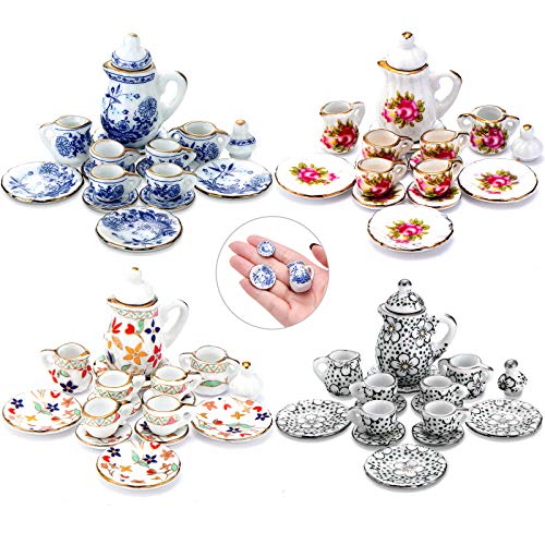 Skylety 60 Pieces 1:12 Scale Miniatures Dollhouse Porcelain Tea Cup Set, Flower Pattern, Plum Blossom, Red Rose Teapot Cup Set Porcelain Accessories(Blooming Porcelain Series) - Image 1