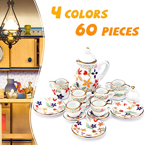 Skylety 60 Pieces 1:12 Scale Miniatures Dollhouse Porcelain Tea Cup Set, Flower Pattern, Plum Blossom, Red Rose Teapot Cup Set Porcelain Accessories(Blooming Porcelain Series) - Image 3