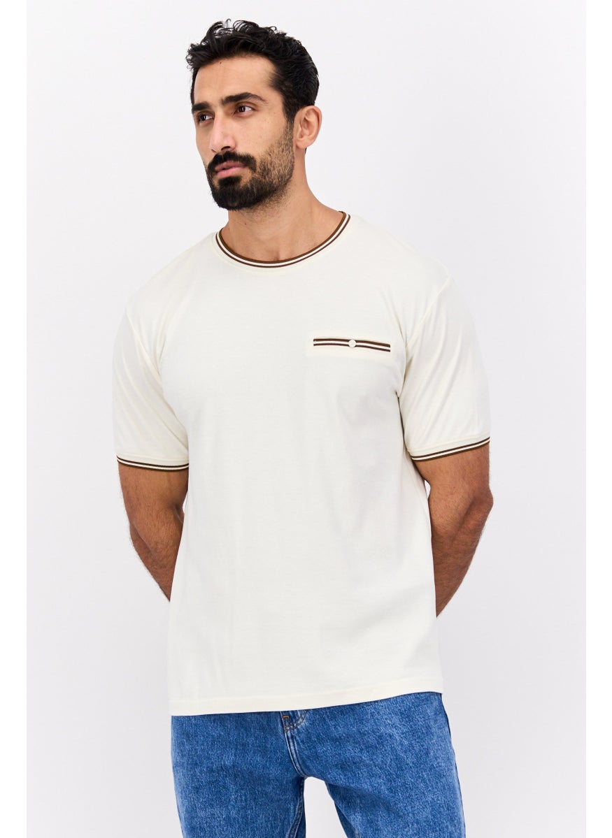 Cactus Man by Ricky Singh - Men Crew Neck Short Sleeves Plain T-Shirt, Beige - Image 1