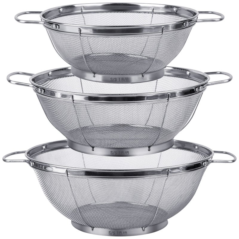Tiawudi 3 Pack 188 Stainless Steel Colander Sieves5Quart 4Quart and 3Quart Mesh Strainer Net Baskets with Handles  Resting Base for Strain Drain Rinse or Steam 