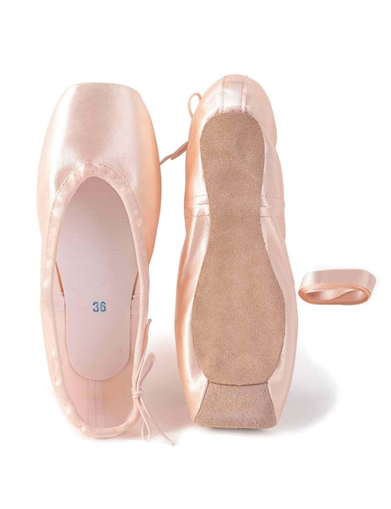 Daydance Girls Ballet Pointe Shoes Begginer Ballerina Shoes with Suede Sole Including Ribbon Band Elastic Band Toe Pad 4 Big Kids