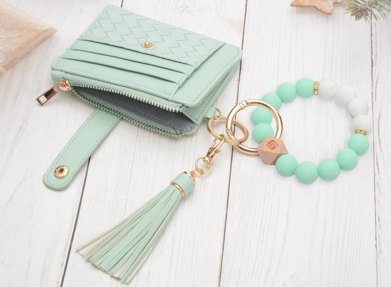 COOLANS Wristlet Bracelet Keychain Pocket Credit Card Holder Purse Tassel Keychain Bangle Key Ring for Women (Silicone Bead Bracelet+Card Purse (Green)) - Image 4