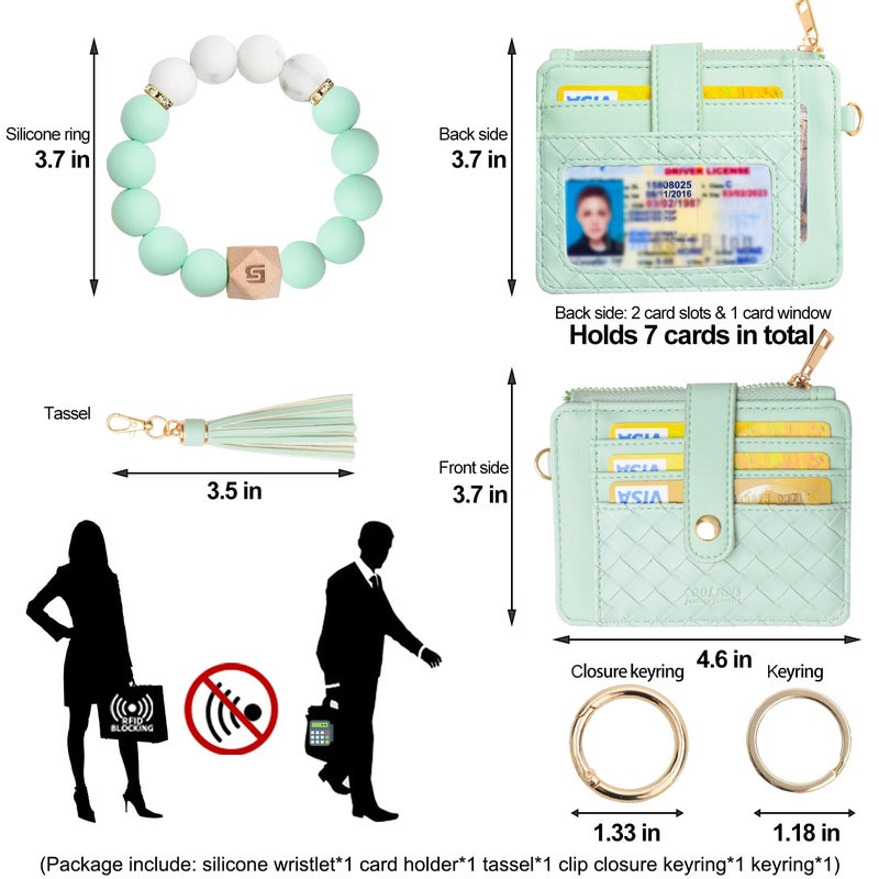 COOLANS Wristlet Bracelet Keychain Pocket Credit Card Holder Purse Tassel Keychain Bangle Key Ring for Women (Silicone Bead Bracelet+Card Purse (Green)) - Image 2