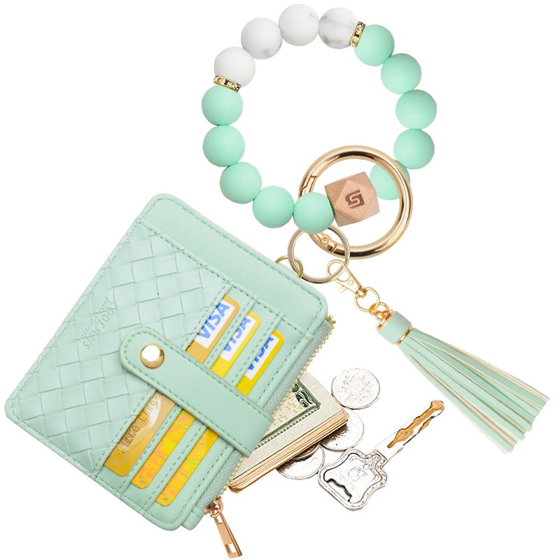COOLANS Wristlet Bracelet Keychain Pocket Credit Card Holder Purse Tassel Keychain Bangle Key Ring for Women (Silicone Bead Bracelet+Card Purse (Green)) - Image 1