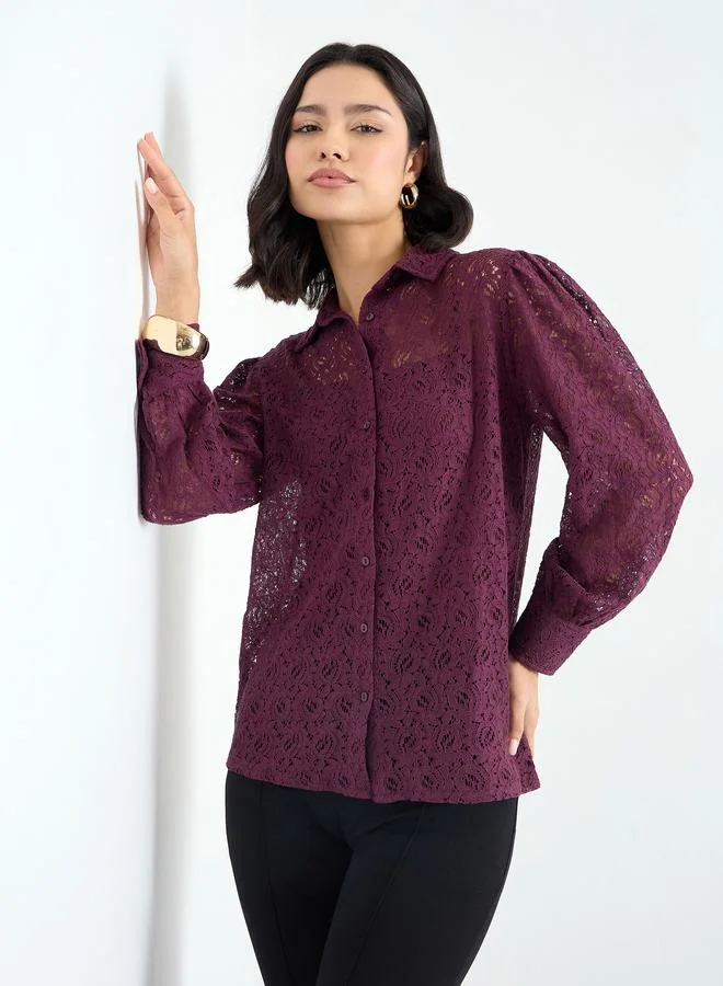 Styli Styli Burgundy Lace Balloon Sleeve Shirt