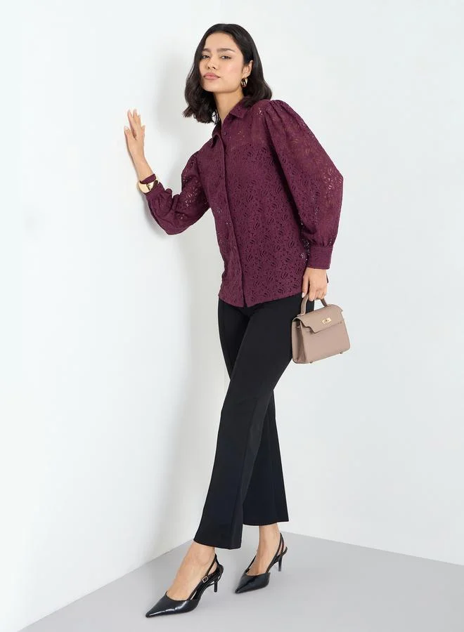 Styli Styli Burgundy Lace Balloon Sleeve Shirt