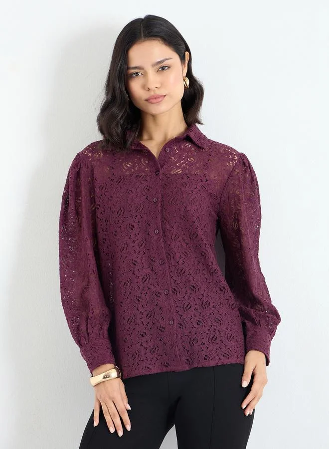 Styli Styli Burgundy Lace Balloon Sleeve Shirt