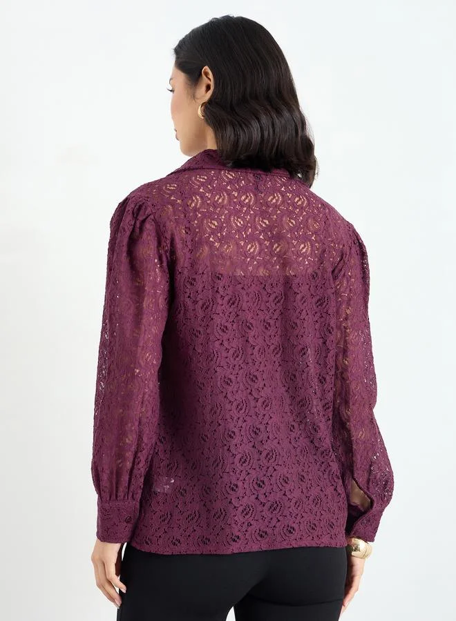 Styli Styli Burgundy Lace Balloon Sleeve Shirt