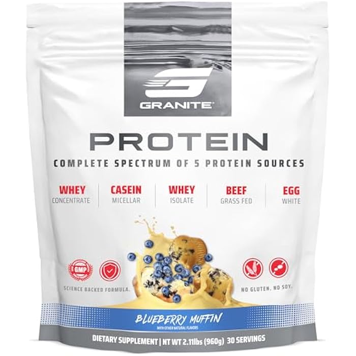 Granite Supplements Granite Nutrition Protein Powder - Premium 5-Source Blend (Whey, Casein, Egg, Grass-Fed Beef) for Lean Muscle and Recovery - Blueberry Muffin Flavor, 30 Servings - Image 1