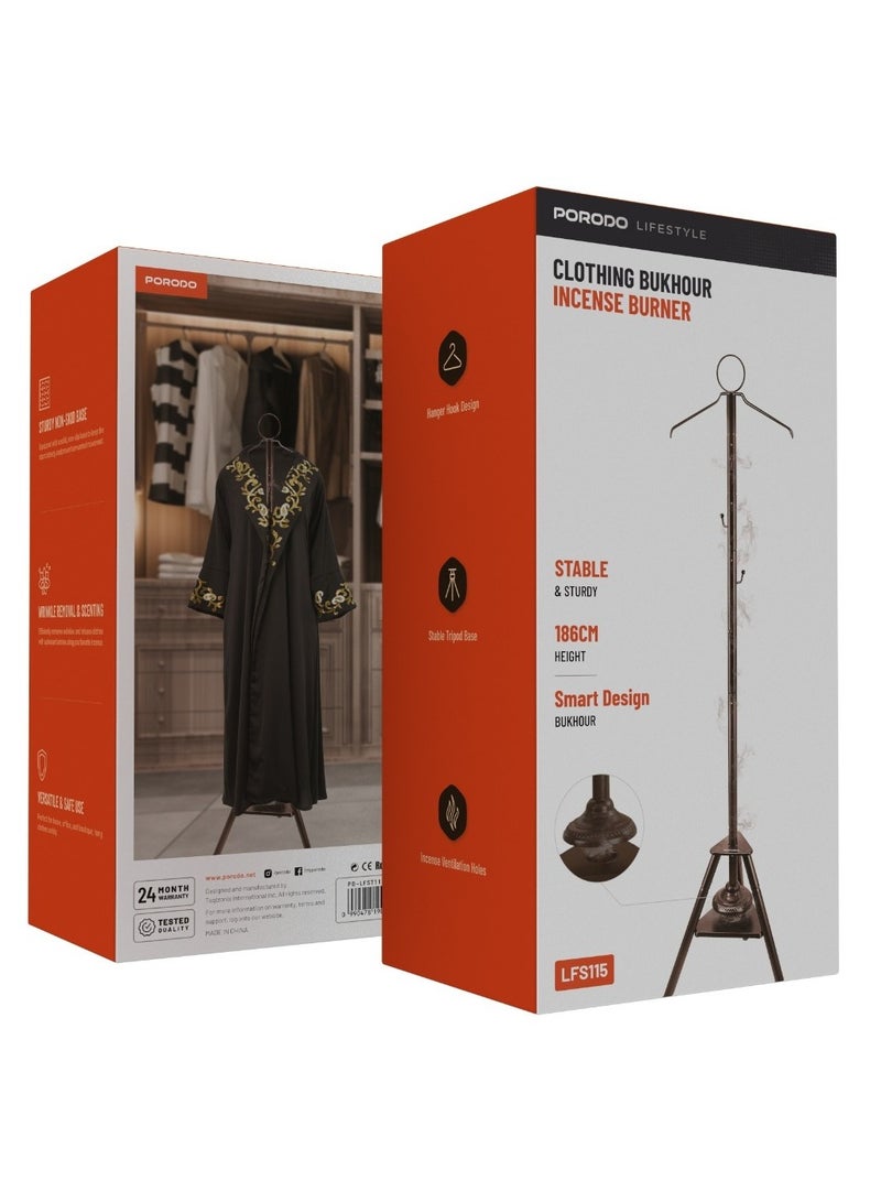 porodo Clothing Bukhour Incense Burner with Stable Tripod Base and 186cm Height / Bakhour / Luxury Scent / Wrinkle Removal & Scenting / Incense Ventilation Holes /Hanger Garment Scenting - Brown - Image 4