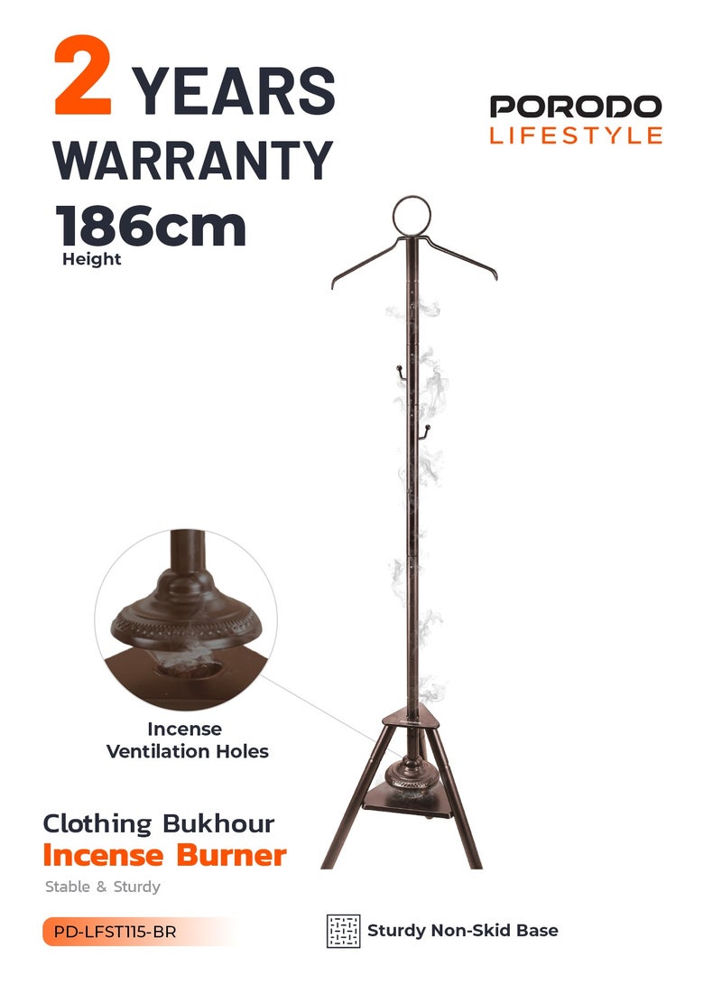 porodo Clothing Bukhour Incense Burner with Stable Tripod Base and 186cm Height / Bakhour / Luxury Scent / Wrinkle Removal & Scenting / Incense Ventilation Holes /Hanger Garment Scenting - Brown - Image 1