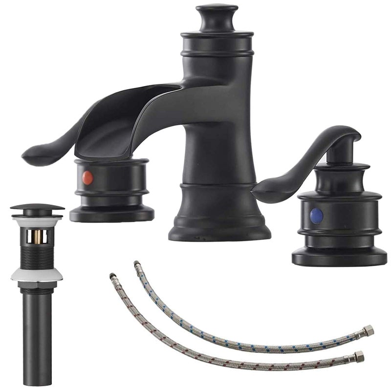BATHLAVISH Black Widespread Bathroom Faucet Bathroom Sink Faucet 3 Hole Waterfall Spout Farmhouse 2 Handle 8 Inch Lavatory Vanity with Pop Up Drain with Overflow