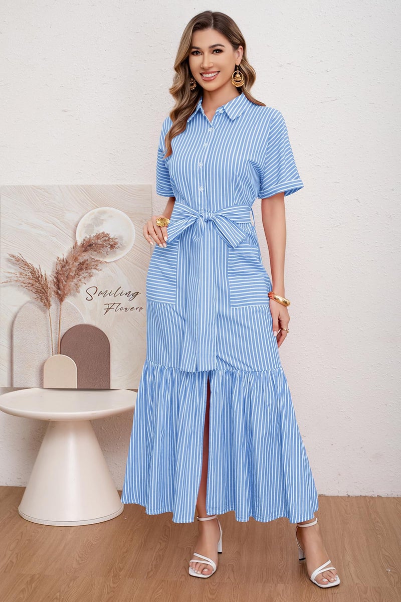utcoco Women's 2026 Summer Casual Striped Button Down Maxi Dress Tie Waist Short Sleeve Shirt Dress with Pockets (Medium, Blue) - Image 2