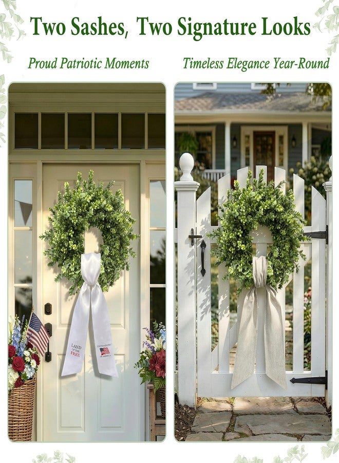 Presentastic 26 Inch Large Boxwood Wreaths for Front Door, Spring & Summer Artificial Wreath with Patriotic & Burlap Sash, Faux Greenery Year-Round Farmhouse Wedding Porch Window, Indoor Outdoor Decor - Image 2
