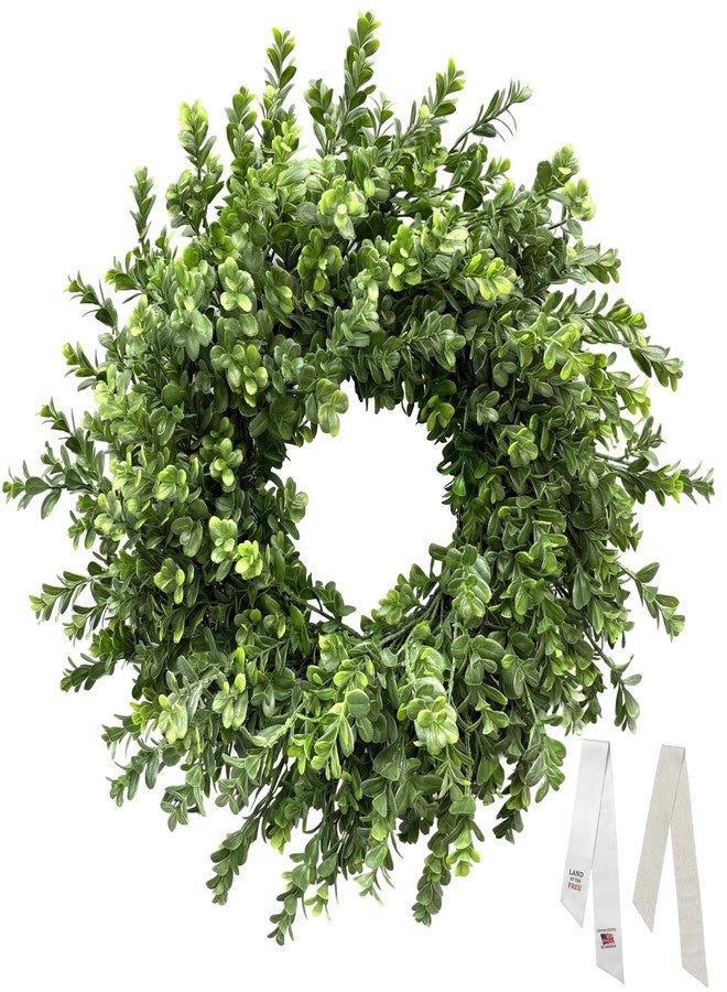 Presentastic 26 Inch Large Boxwood Wreaths for Front Door, Spring & Summer Artificial Wreath with Patriotic & Burlap Sash, Faux Greenery Year-Round Farmhouse Wedding Porch Window, Indoor Outdoor Decor - Image 1