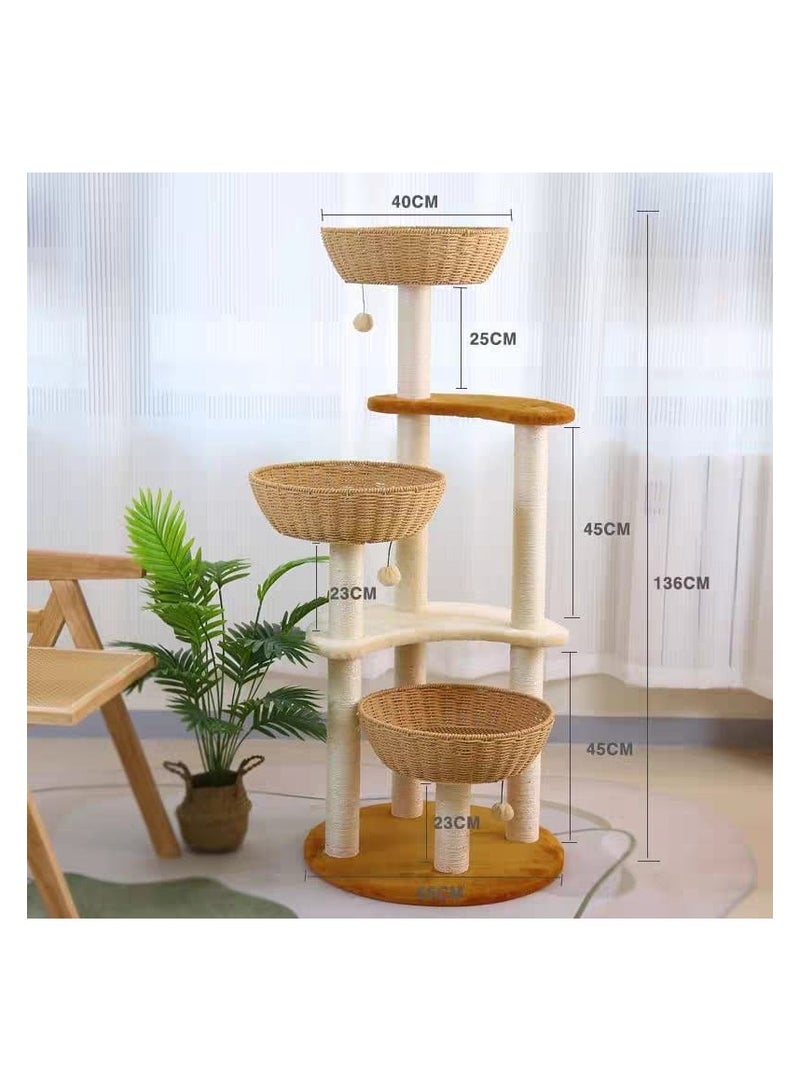 Generic Modern Cat Tree for Large Cats | Luxury Oak Solid Wood Multi-Level Cat Tower with 3 Weaving Cat Nests & Washable Cushions | Sisal Scratching Posts | Lacquered for Indoor Use  - Image 3
