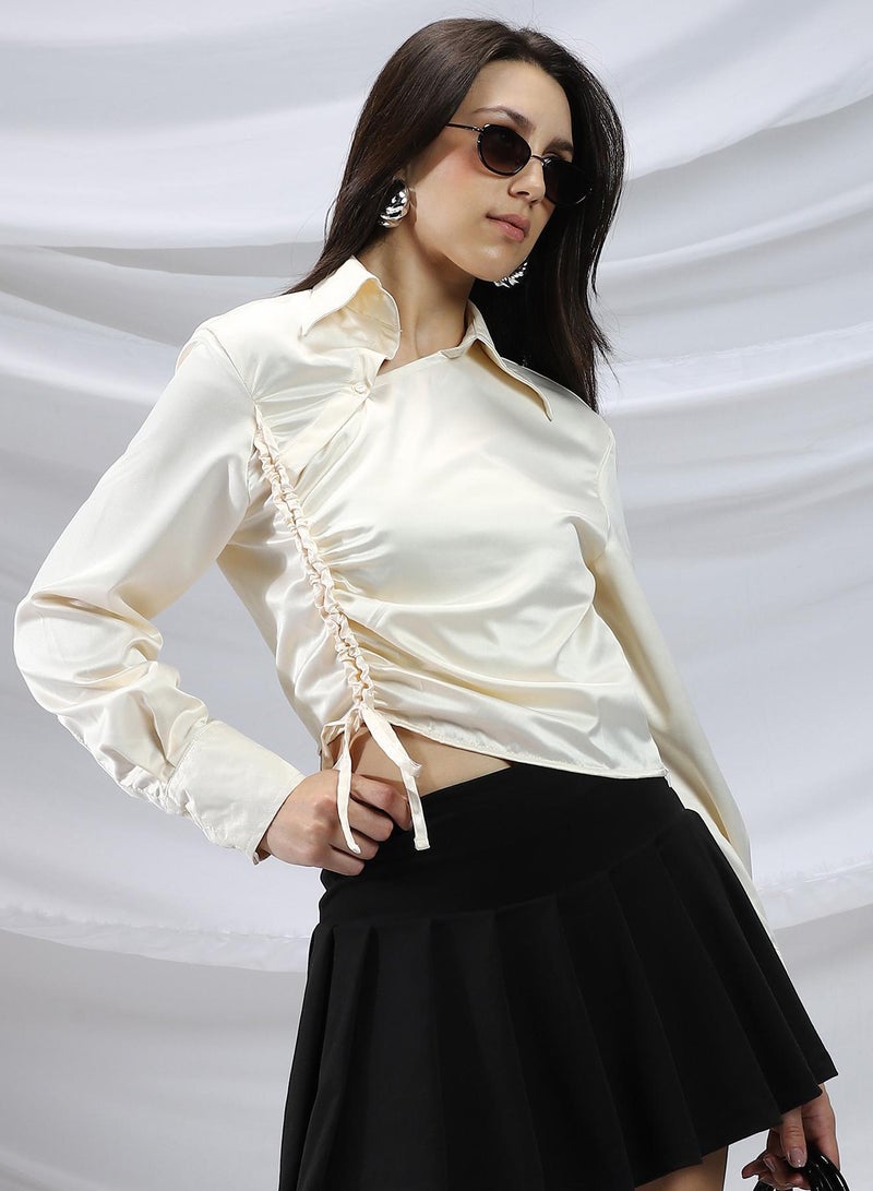 PINACOLADA Women's Butter Yellow Side-Ruched Crop Shirt - Image 2