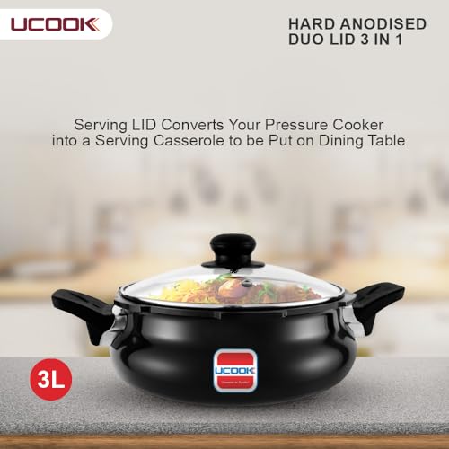 UCOOK يوكوك من يونايتد إكتا جروب - قاعدة حثية من الألمنيوم المؤكسد الصلب 3 في 1 بسعة 3 لتر على شكل هاندي - طباخة ضغط متعددة الاستخدامات/الكل في واحد مع مصفاة وغطاء زجاجي، أسود - Image 5
