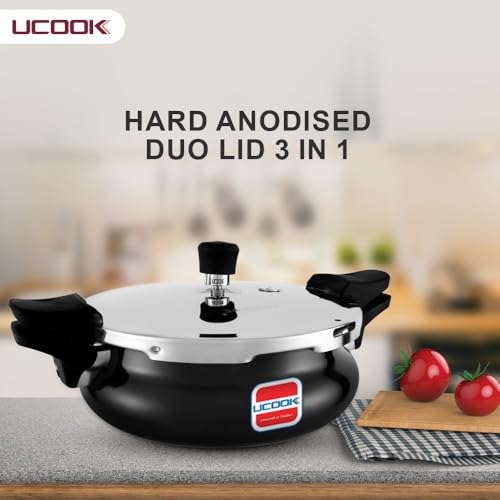 UCOOK يوكوك من يونايتد إكتا جروب - قاعدة حثية من الألمنيوم المؤكسد الصلب 3 في 1 بسعة 3 لتر على شكل هاندي - طباخة ضغط متعددة الاستخدامات/الكل في واحد مع مصفاة وغطاء زجاجي، أسود - Image 2