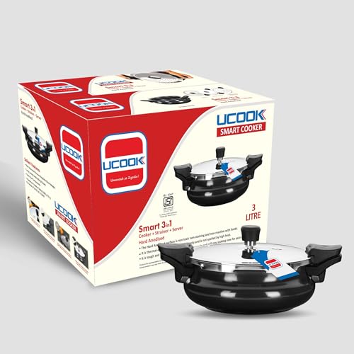 UCOOK يوكوك من يونايتد إكتا جروب - قاعدة حثية من الألمنيوم المؤكسد الصلب 3 في 1 بسعة 3 لتر على شكل هاندي - طباخة ضغط متعددة الاستخدامات/الكل في واحد مع مصفاة وغطاء زجاجي، أسود - Image 1