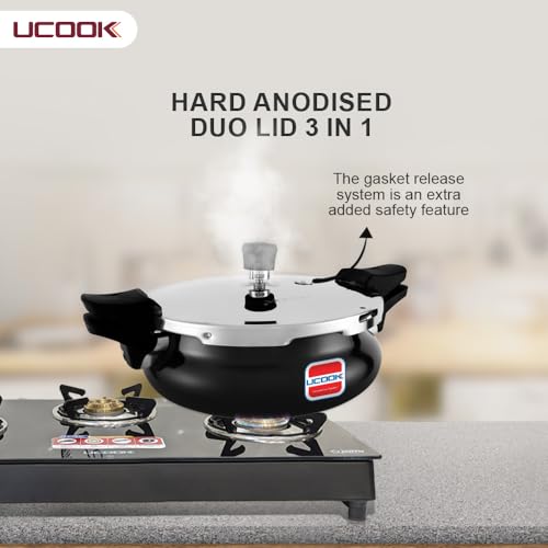 UCOOK يوكوك من يونايتد إكتا جروب - قاعدة حثية من الألمنيوم المؤكسد الصلب 3 في 1 بسعة 3 لتر على شكل هاندي - طباخة ضغط متعددة الاستخدامات/الكل في واحد مع مصفاة وغطاء زجاجي، أسود - Image 3