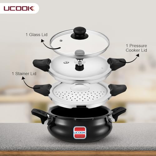 UCOOK يوكوك من يونايتد إكتا جروب - قاعدة حثية من الألمنيوم المؤكسد الصلب 3 في 1 بسعة 3 لتر على شكل هاندي - طباخة ضغط متعددة الاستخدامات/الكل في واحد مع مصفاة وغطاء زجاجي، أسود - Image 4