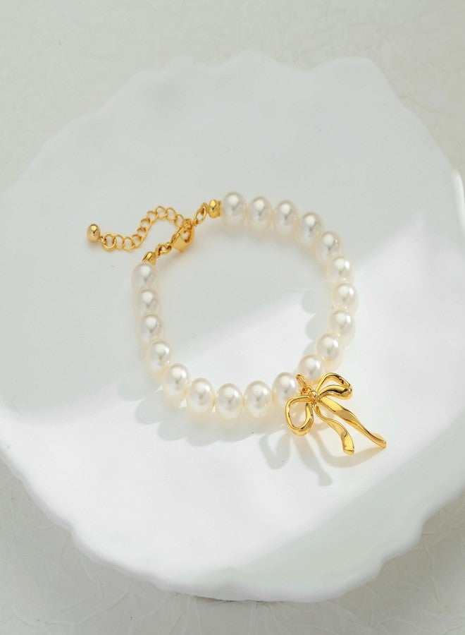 WOWORAMA Pearl Bow Bracelets for Women Dainty Gold Bow Charm Bracelet Round Imitation Pearl Bracelets Adjustable Size Summer Jewelry - Image 5