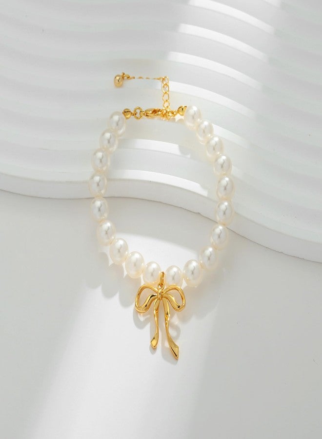 WOWORAMA Pearl Bow Bracelets for Women Dainty Gold Bow Charm Bracelet Round Imitation Pearl Bracelets Adjustable Size Summer Jewelry - Image 4