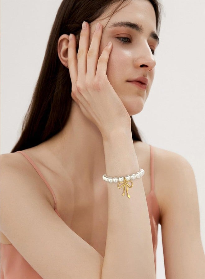 WOWORAMA Pearl Bow Bracelets for Women Dainty Gold Bow Charm Bracelet Round Imitation Pearl Bracelets Adjustable Size Summer Jewelry - Image 2