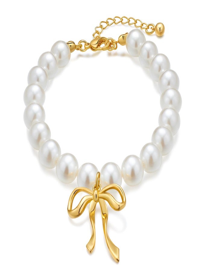 WOWORAMA Pearl Bow Bracelets for Women Dainty Gold Bow Charm Bracelet Round Imitation Pearl Bracelets Adjustable Size Summer Jewelry - Image 1