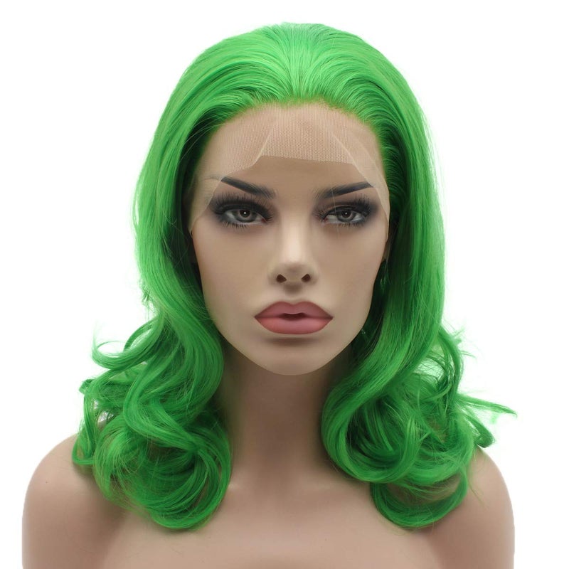 Lushy Stylish Medium Length Green Wig Heat Resistant Heavy Density Synthetic Lace Front Wig
