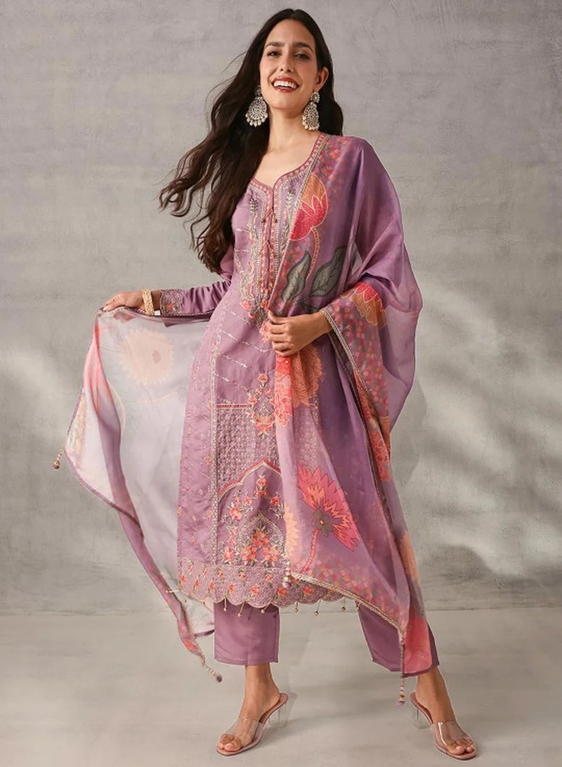 ISHIN Women's Lilac Roman Silk Embroidered Tunic Upper With Full Palazzo Straight Fit 3 Piece Kurta Set